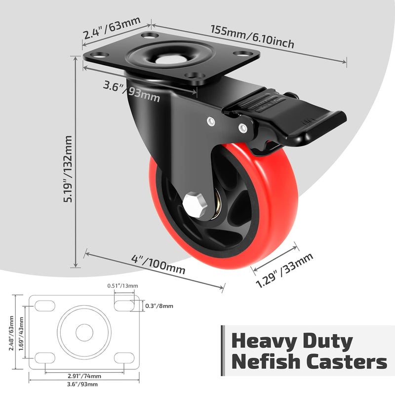 Nefish 4 Inch Industrial Caster Wheels with Brake, Casters Set of 4 Heavy Duty Grade Casters, Non-Marking Polyurethane Wheels, Workbench 1800 Lbs for Cart, Furniture, Shelving (LJ-PC-4IN) - Image 2